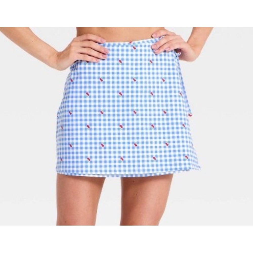 All In Motion Knit Wrap Skort – Blue Gingham Cherry Print – Women's Medium - Picture 1 of 5